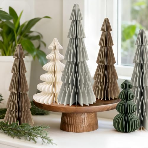 Christmas Honeycomb Tree Decorations Brown Green - 8 Pcs Magnetic Paper Centerpieces