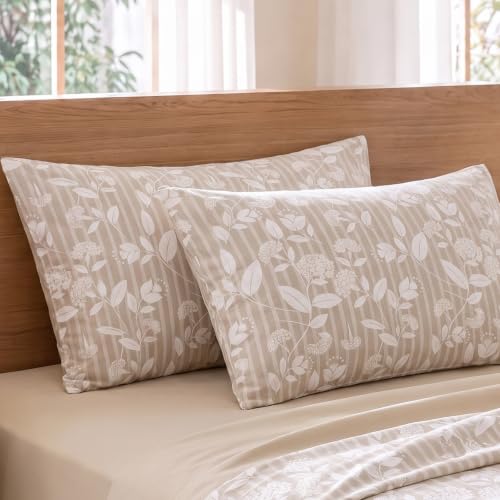 Beige Floral Pillowcases Queen Size Set of 2 - Breathable Cotton, Envelope Closure