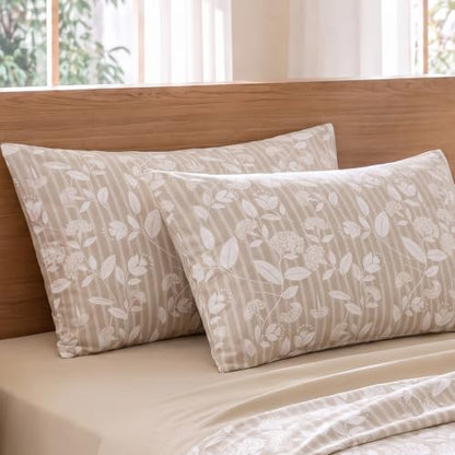 Beige Floral Pillowcases Queen Size Set of 2 - Breathable Cotton, Envelope Closure