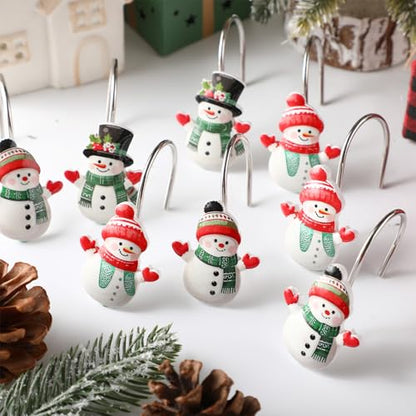 Christmas Snowman Shower Curtain Hooks Set - 12 Decorative Bathroom Accessories