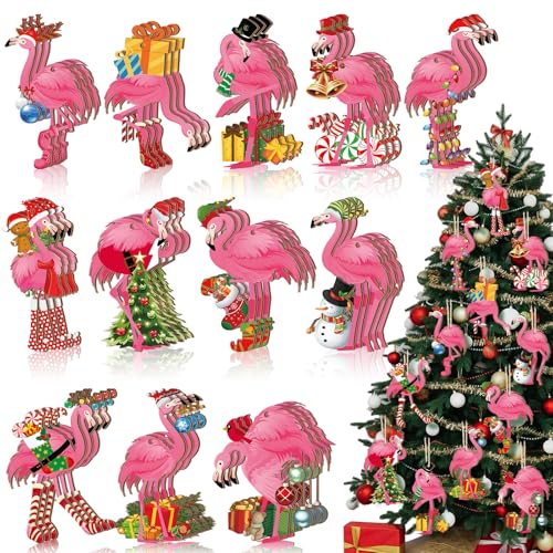 Christmas Wooden Ornaments Flamingo Set - 36 Pieces Holiday Tree Decorations