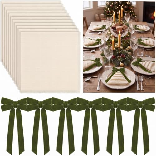 FoldTier Christmas Cloth Napkins Set with Velvet Bows - Green, 12 Pack