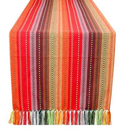 Red Multi 16x72 Inch Cotton Table Runner with Fringes - Salsa Stripe for Holidays