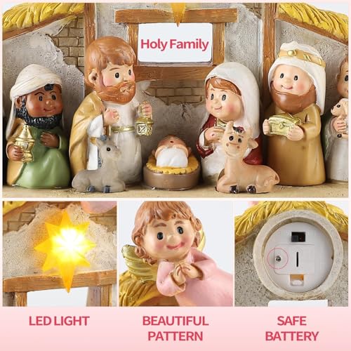 Nativity Scene Set with Praying Angel and LED Lights - 8 Inch Holy Family Statue with Multicolor Stable Variation
