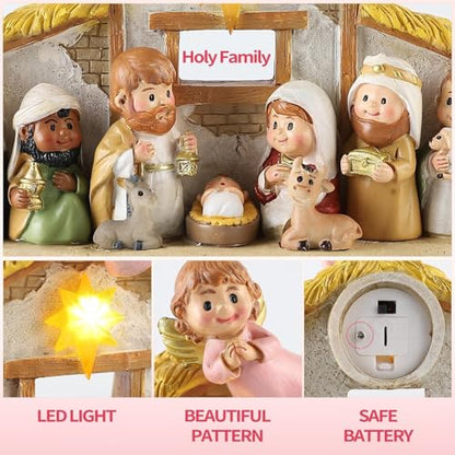 Nativity Scene Set with Praying Angel and LED Lights - 8 Inch Holy Family Statue with Multicolor Stable Variation