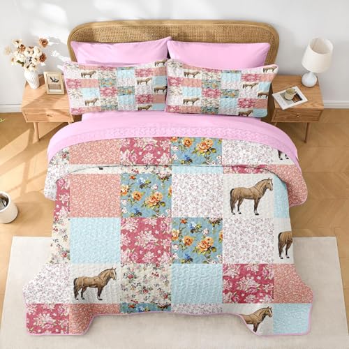 Queen Quilt Set with Horse Floral Pattern - 7 Pieces Pink Bedding