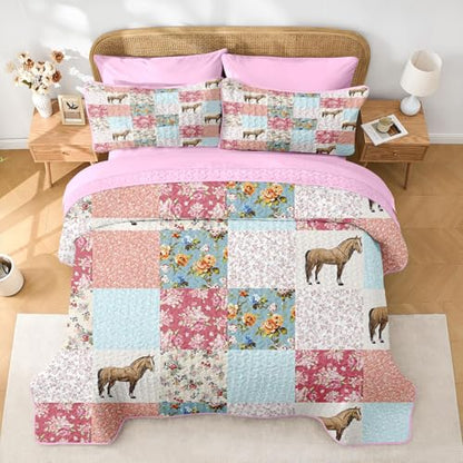 Queen Quilt Set with Horse Floral Pattern - 7 Pieces Pink Bedding