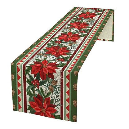 Christmas Table Runner 13x36 Inch Red Green Poinsettia Holly Pattern Holiday Decor W13"xL36"