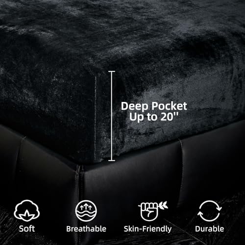 Velvet Fitted Sheet Queen Size Black - Fluffy Plush Bottom Bed Sheet