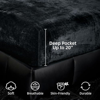 Velvet Fitted Sheet Queen Size Black - Fluffy Plush Bottom Bed Sheet