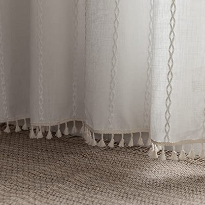 Boho Curtains for Bedroom Embroidery Striped Farmhouse Linen Curtains 63 Inch Length 2 Panels for Living Room Blue Bohemian Semi-Blackout Window Curtains Rod Pocket Drapes ( 52" W x 63" L,Blue)