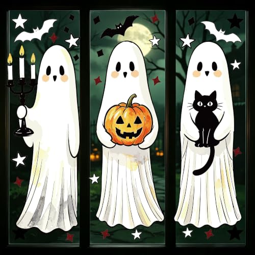 Halloween Window Clings Set - Large Ghost Bats Cats Pumpkins Spooky Decor