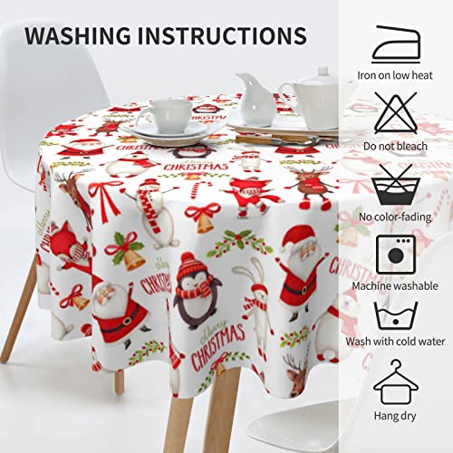 Christmas Round Tablecloth 70 Inch - Santa Snowman Winter Holiday Decor - Wipeable Polyester