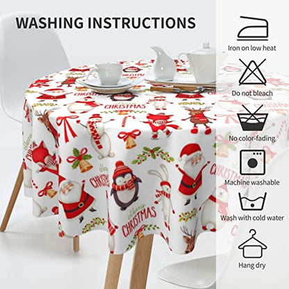 Christmas Round Tablecloth 70 Inch - Santa Snowman Winter Holiday Decor - Wipeable Polyester