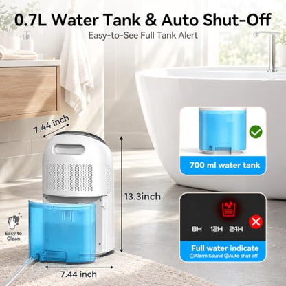 White Small Dehumidifier with HEPA Filter & Auto-Off for Bedroom & Home