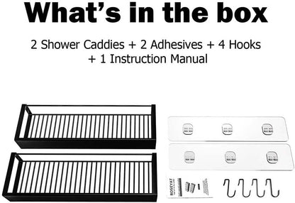 Skiennix Shower Caddy - Adhesive Organizer with Hooks | No-Drill Storage for Bathroom & Kitchen - 2 Pack Black