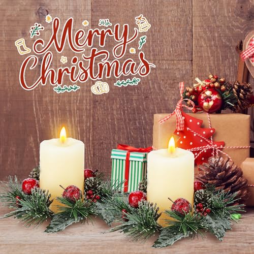 Christmas Candle Ring Set with Berries and Pine Cones - Winter Holiday Decor