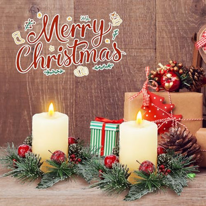 Christmas Candle Ring Set with Berries and Pine Cones - Winter Holiday Decor