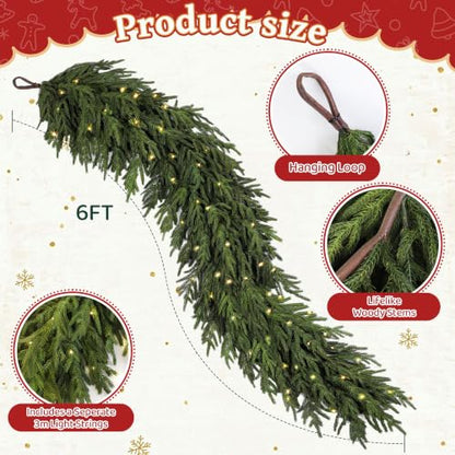 6FT Christmas Garland with Separate String Lights Faux Norfolk Pine