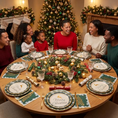 Christmas Paper Plates and Napkins Set - Green Holiday Tableware for 50 Guests