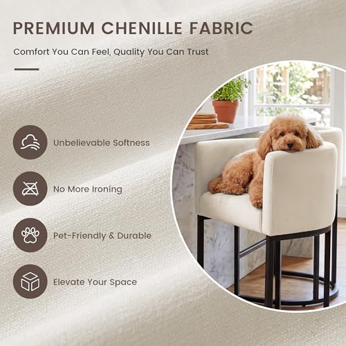 Beige Chenille Counter Height Bar Stools Set of 2 with Arms & Footrest - 26 Inch Kitchen Island Chairs