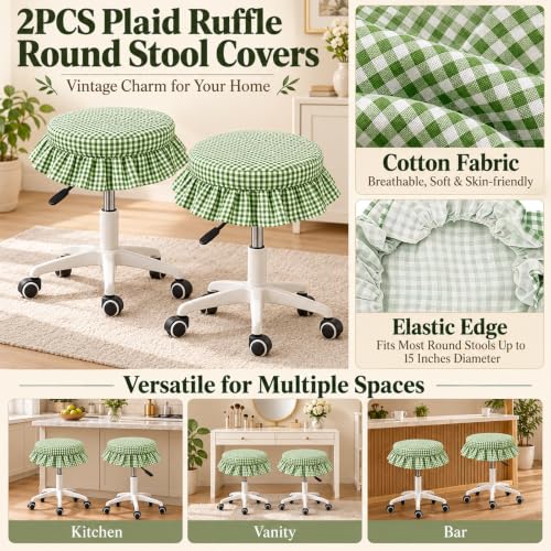 Gingham Ruffled Stool Covers 2-Pack - Green & White Plaid Home Decor
