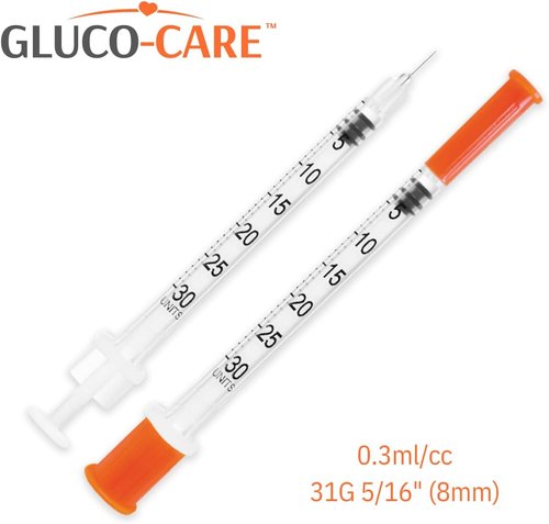 GLUCO-CARE 31G x 5/16’’ Syringes - 0.3 ml/cc with Orange Cap | Box of 100 Pieces