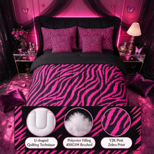 Pink Zebra Comforter Set with Sheets - Twin Size, 7-Piece Bed in a Bag, Hot Pink and Black, Kids Bedroom Bedding