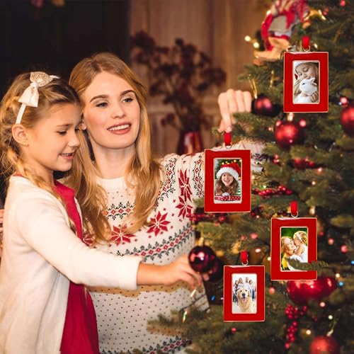 Christmas Picture Frame Ornaments Set of 4 - 2x3 Inch Red Mini Frames with Ribbon