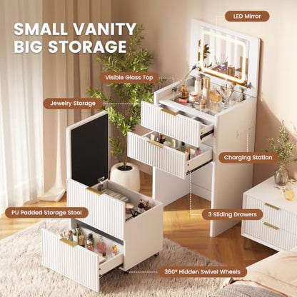 3-in-1 Small Vanity Desk with LED Mirror and Charging Station