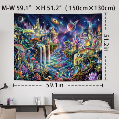Blacklight Galaxy Space Tapestry UV Mushroom Planet Wall Hanging - Alien, 59.1" x 51.2"