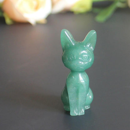 Skiennix Hand-Carved Gemstone Crystal Abyssinian Cat Figurine - Green Aventurine 2" Home Decor