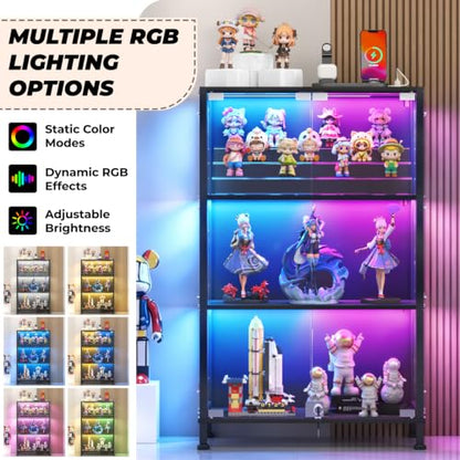3-Tier Glass Display Cabinet with RGB Lighting and Lockable Doors