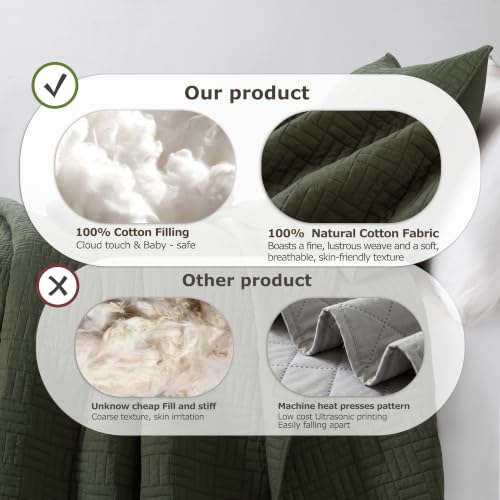Light Green Cotton Quilt Set Queen Size 3 Pieces - Textured Rustic Bedding