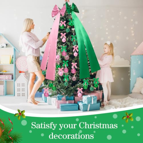 Pink and Green Christmas Tree Decorations Set with Skirt, Bows & Ornaments