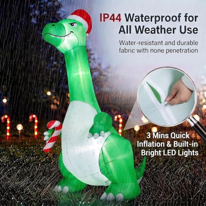 Green 12FT Christmas Inflatable Dinosaur with Santa Hat - Outdoor Holiday Decor