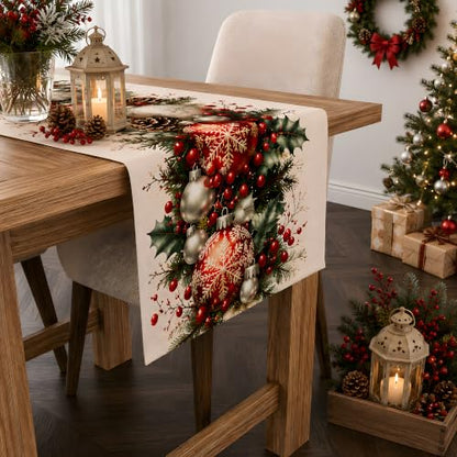 Christmas Decorations - Xmas Balls Snowflake Pine Cone Table Runner - Variation of Christmas Balls Snowflake