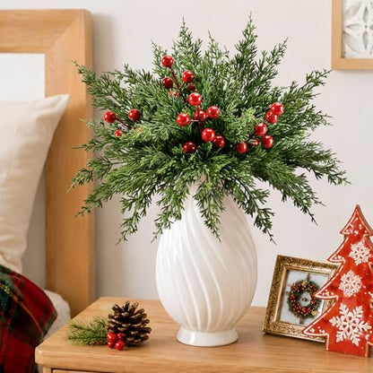 26PCS Artificial Christmas Pine Branches with Red Berry Stems - Holiday Decor