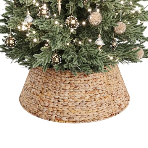 28 Inch Woven Rattan Christmas Tree Collar - Natural, 5-Piece Xmas Tree Skirt