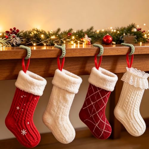 Set of 6 Rustic Jute Rope Christmas Stocking Holders - Flexible Mantle Hooks