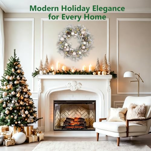 24 Inch Silver Ball Christmas Wreath - Artificial Holiday Door Decor