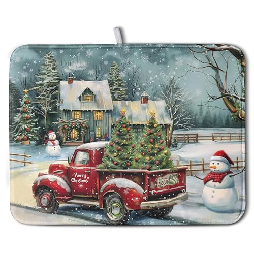 Christmas Red Truck Snowman Dish Drying Mat 18x24 Inch Kitchen Counter Accessory