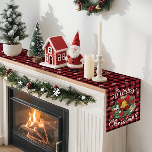 Artscope Buffalo Plaid Red Wreath Table Runner - Christmas Holiday Decor 13x120 Inch