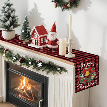 Artscope Buffalo Plaid Red Wreath Table Runner - Christmas Holiday Decor 13x120 Inch