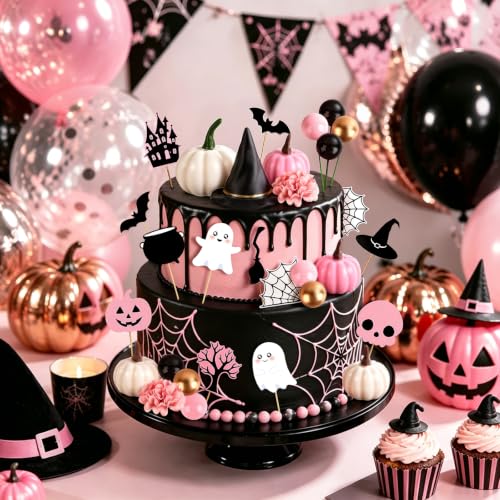 Pink Pumpkin Halloween Cake Topper Set with Hat, Flowers & Bats - 30PCS, Variation: Pumpkin