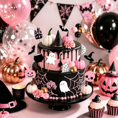 Pink Pumpkin Halloween Cake Topper Set with Hat, Flowers & Bats - 30PCS, Variation: Pumpkin