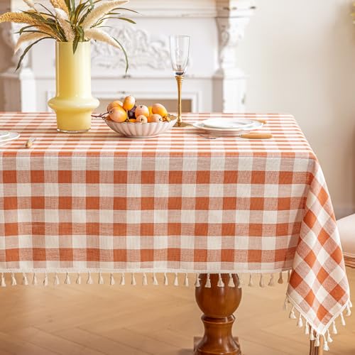 Checkered Fall Tablecloth Rectangle Cotton Linen Gingham with Tassels - Orange 55x102 Inches