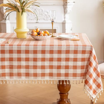 Checkered Fall Tablecloth Rectangle Cotton Linen Gingham with Tassels - Orange 55x102 Inches