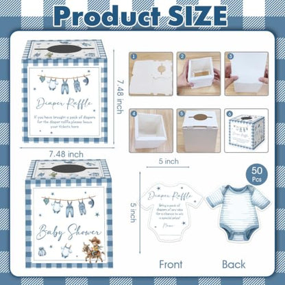 Blue Jean Baby Shower Decorations with Diaper Raffle Box & 50 Cards - Blue