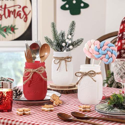 Christmas Mason Jars Set with Wooden Tray - White & Red Decorative Centerpieces